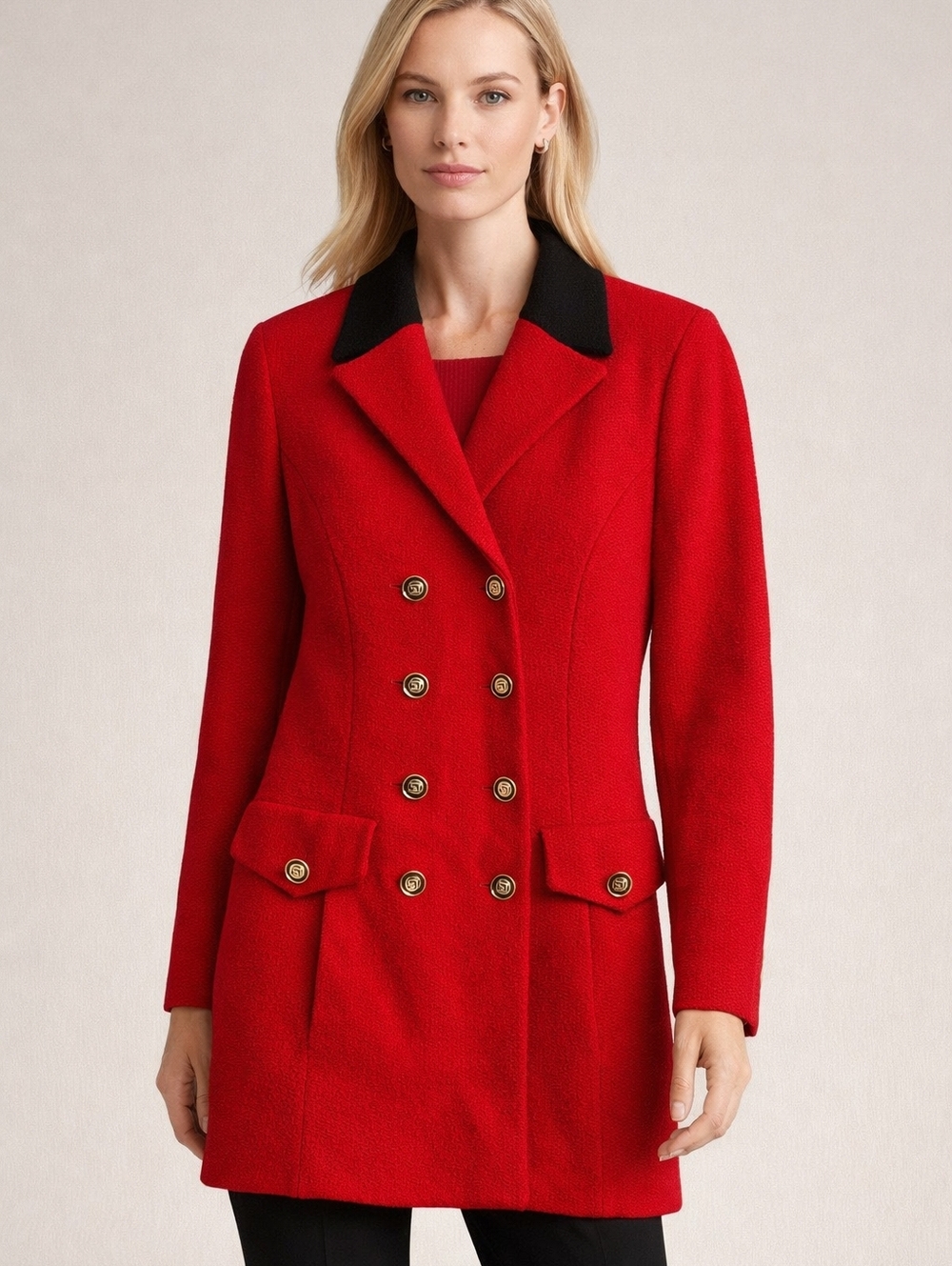 St John Collection Red Wool Blend Blazer Coat Gold Buttons